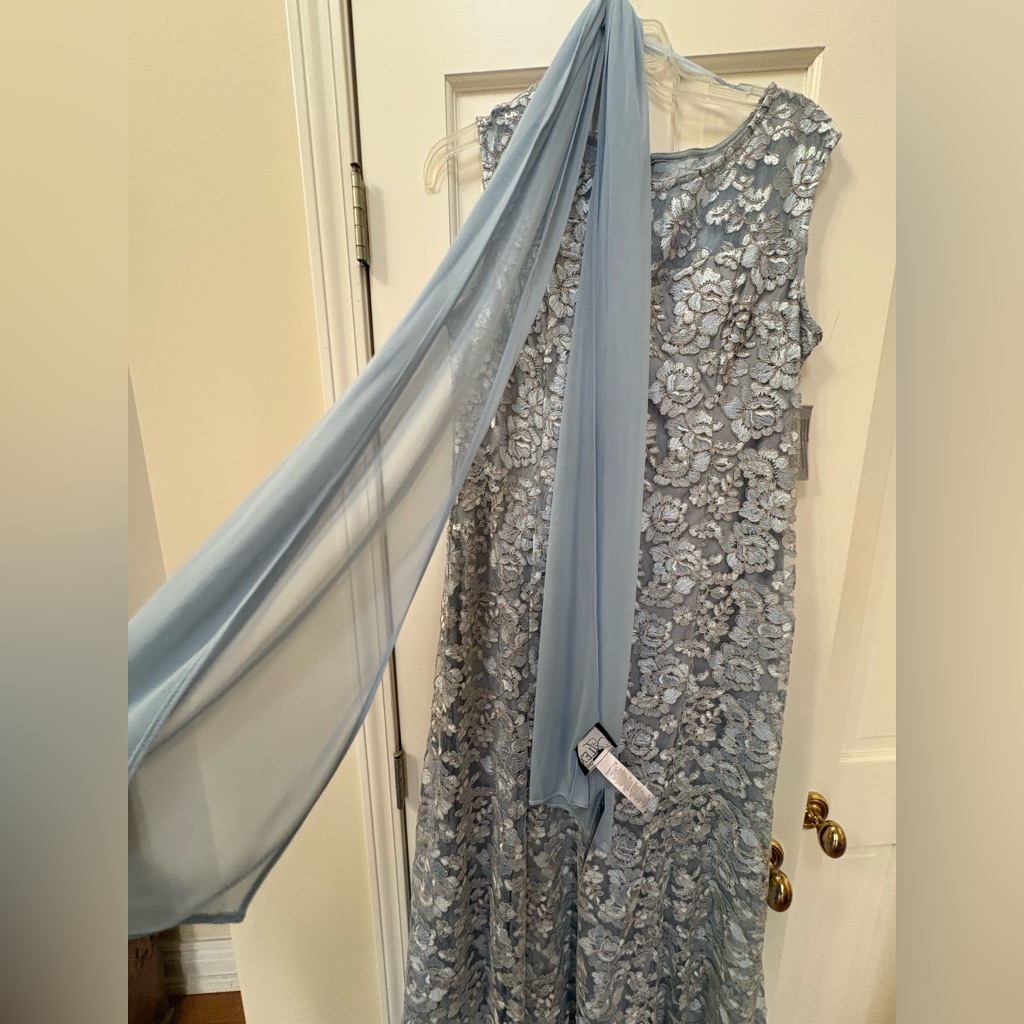 Alex Evenings Dusty Blue Floral Lace Evening Dress With Metallic Embroidery